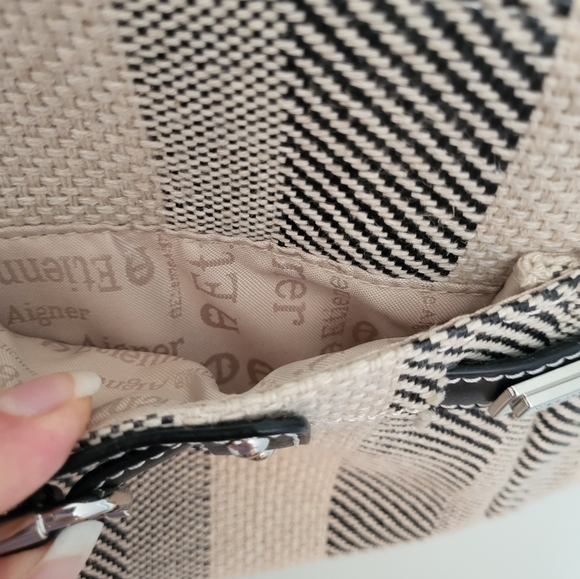 Etienne Aigner Linen Blend Small Shoulder Bag Striped Black Beige - Picture 10 of 14